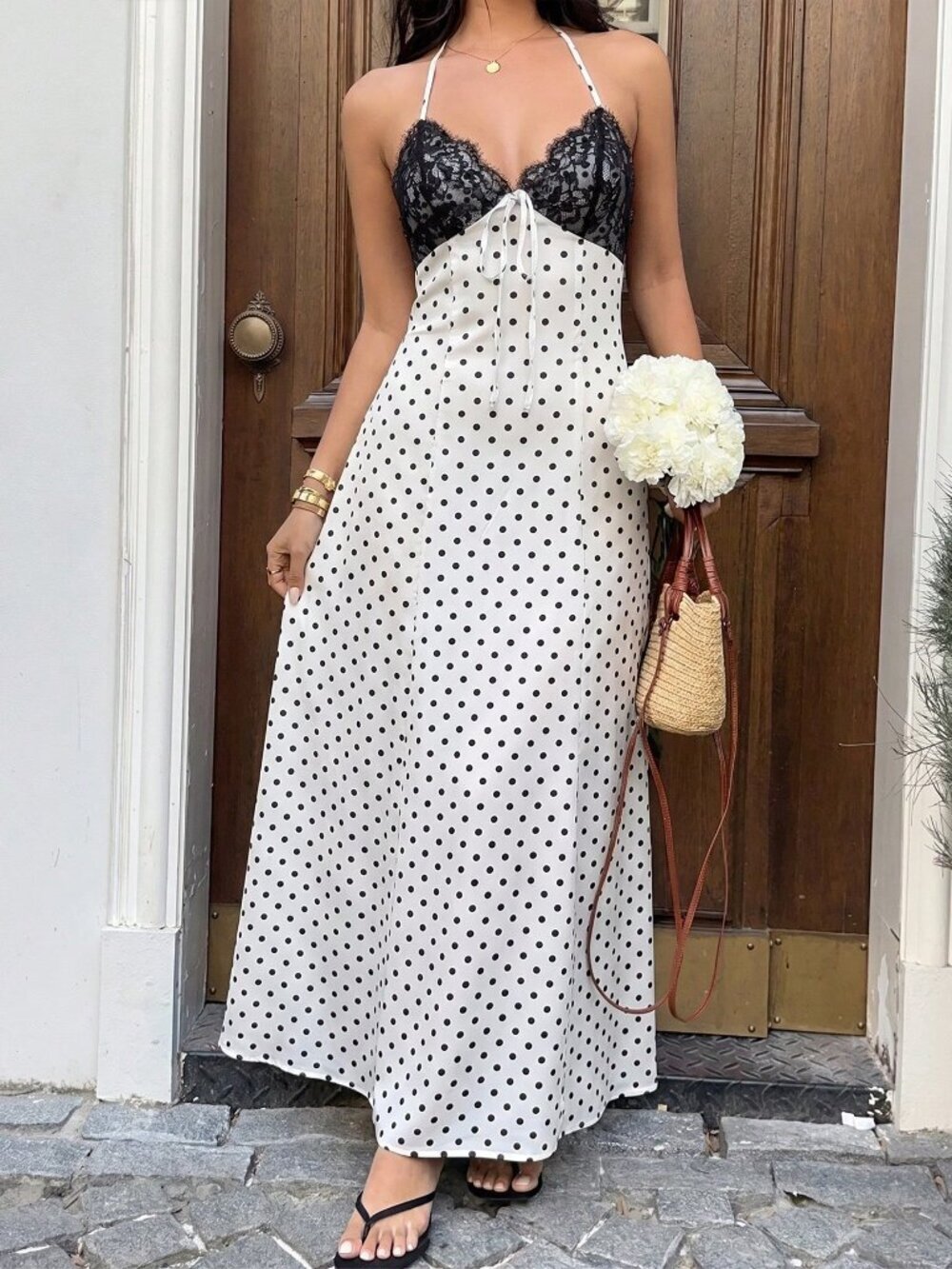 Elegant Sexy White Women's Polka Dot V-Neck Maxi Dress - Picture 5 of 8